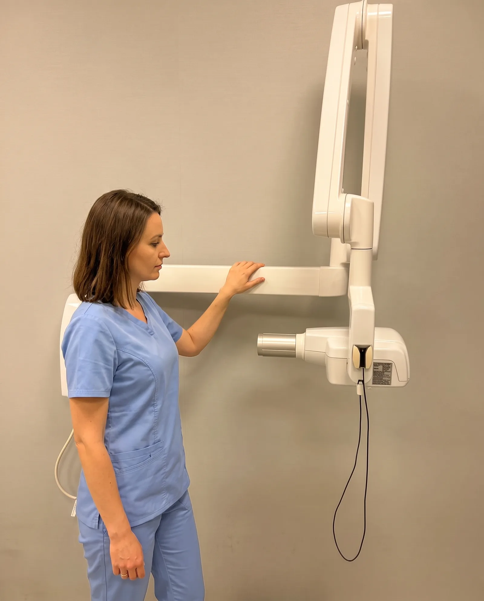 Stanowisko diagnostyki stomatologicznej UDC z aparatem rentgenowskim, technik przy aparacie